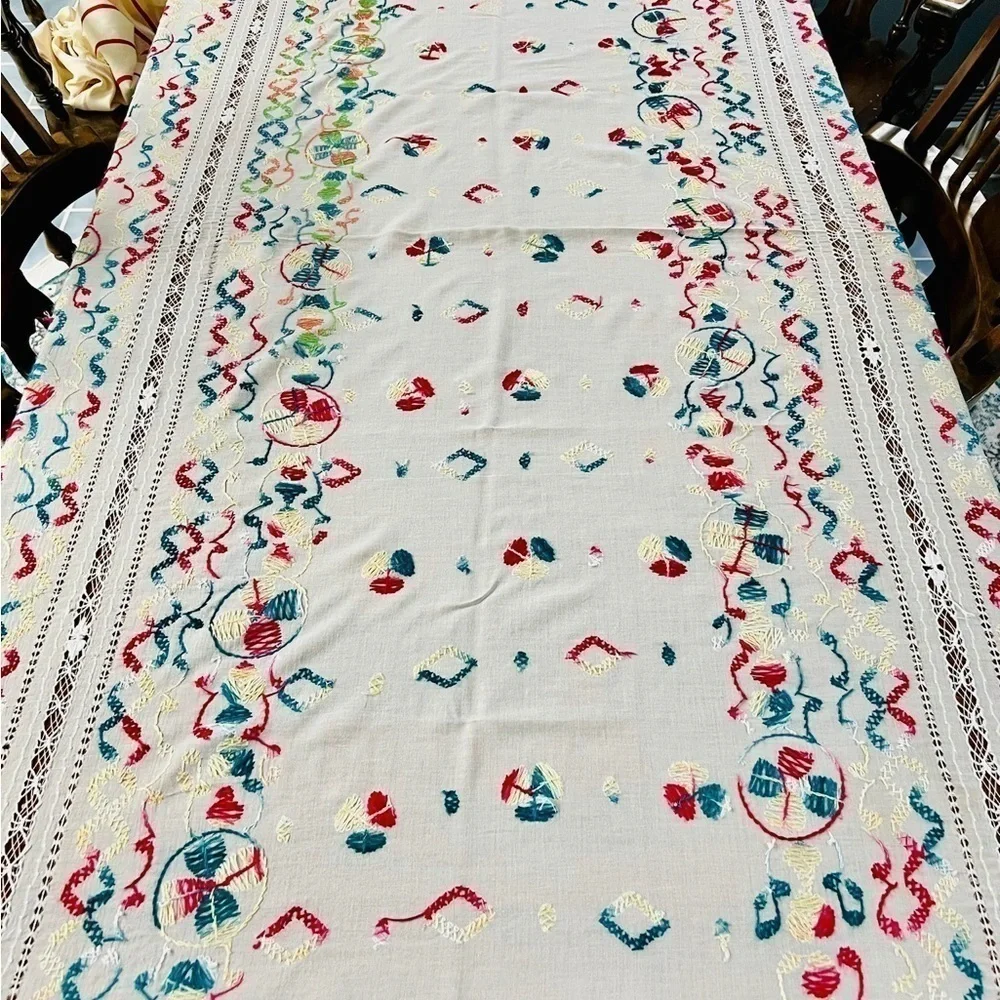 Boho Hand Embroidered Cut Work Lace Linen Tablecloth Cottage Farmhouse Style